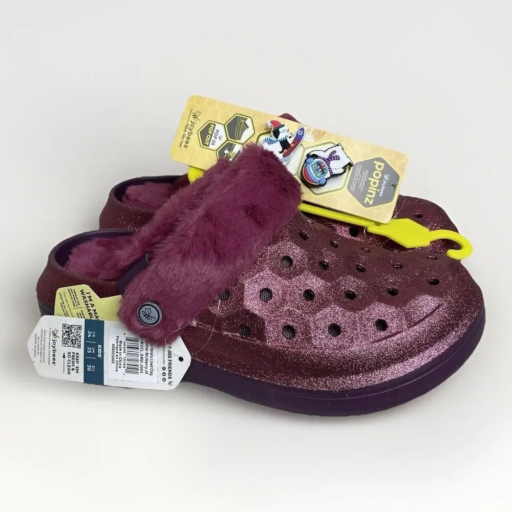 Joybees Varsity Glitter Clog Kids Size J4 Faux Fur Lined Mulberry Popinz Snowman